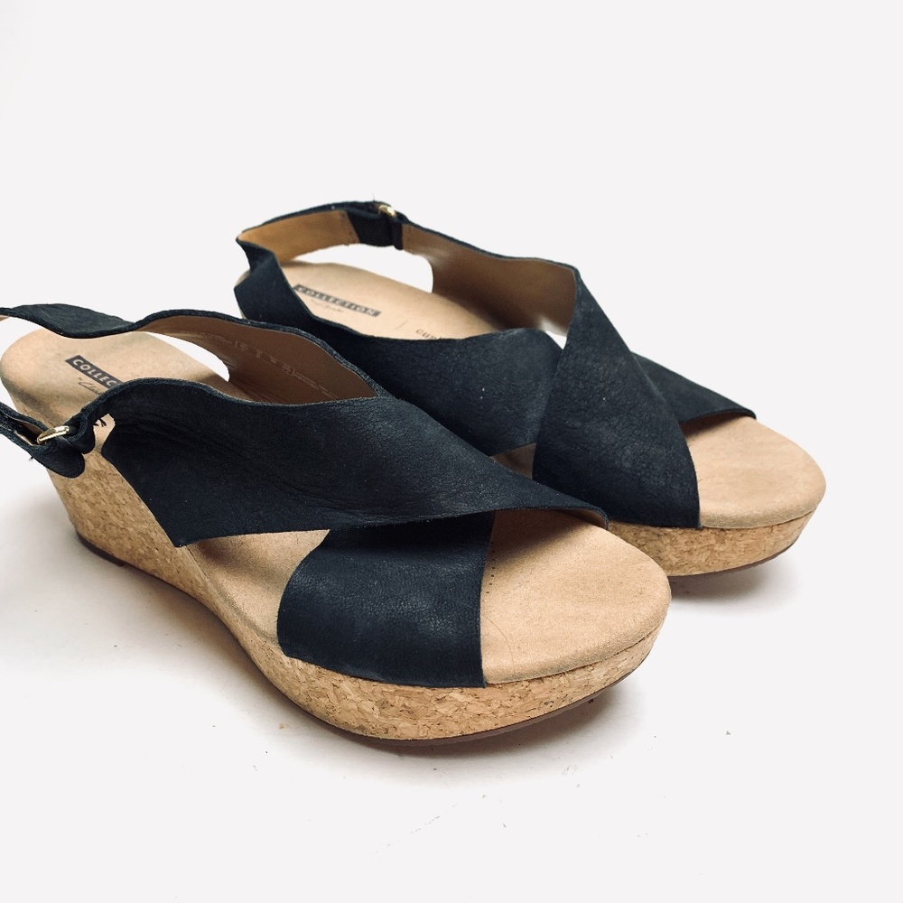 CLARKS COLLECTION Black Leather Wedge Sandals sz 9
